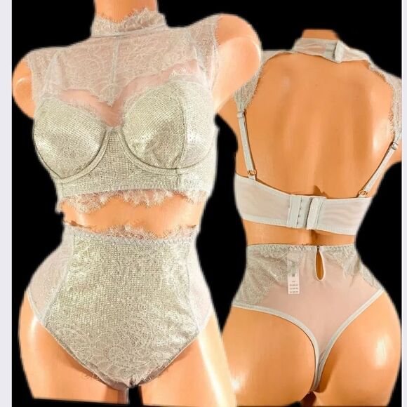 Victorias Secret LUXE Set Dream Angels High Neck Demi Metallic Lace Bra & Thong - Picture 1 of 7